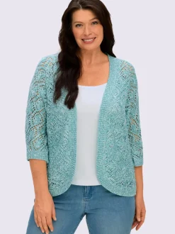 Veste en tricot ajouré légère à manches 3/4 et ourlet arrondi