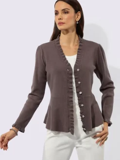Veste en tricot à col en V et manches longues avec volants