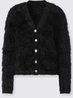 Veste en tricot à col V avec boutons fantaisie et bord-côte