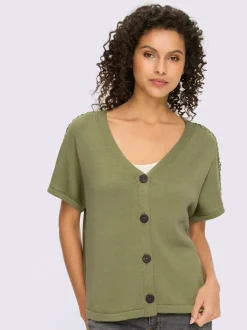 Veste en tricot à col V avec manches courtes et couture décorative