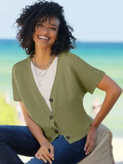 Veste en tricot à col V avec manches courtes et couture décorative