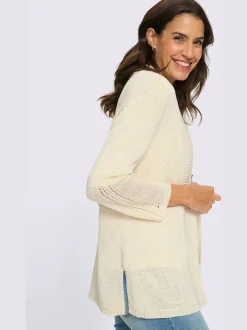 Veste en tricot à col V et manches 3/4 avec motif ajouré
