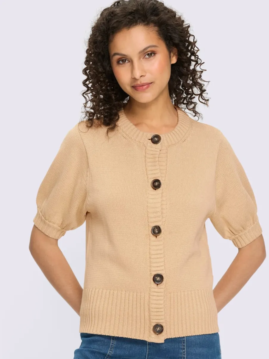 Veste en tricot manches ballon avec patte de boutonnage et encolure ronde