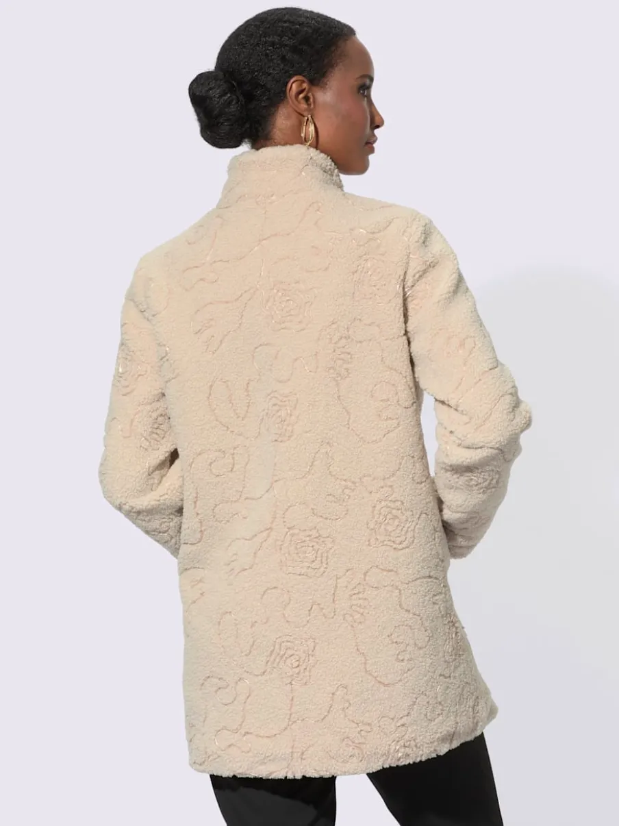 Veste imitation fourrure avec col montant à fleurs