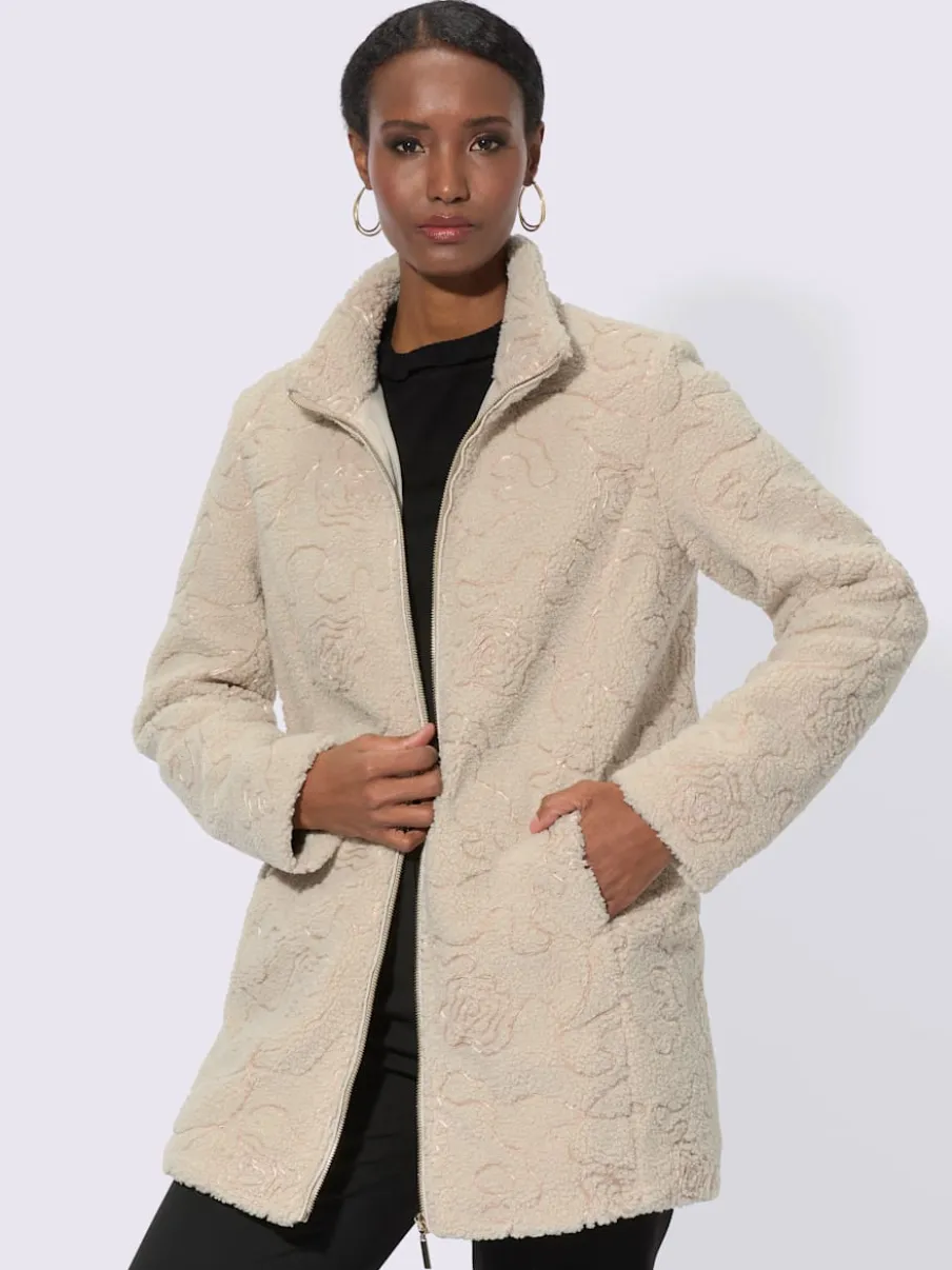 Veste imitation fourrure avec col montant à fleurs