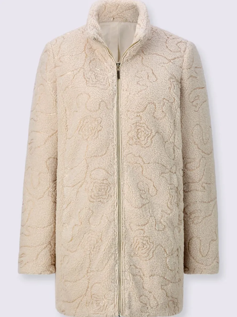 Veste imitation fourrure avec col montant à fleurs