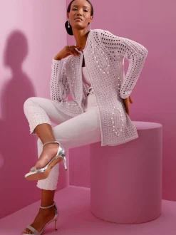 Veste longue en tricot ajouré avec perles fantaisie