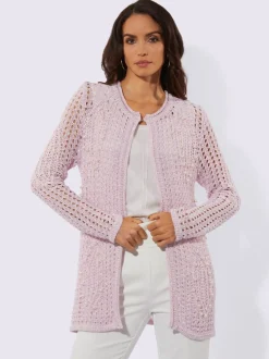 Veste longue en tricot ajouré avec perles fantaisie
