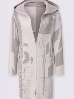 Veste longue en tricot à capuche avec motif graphique et poches