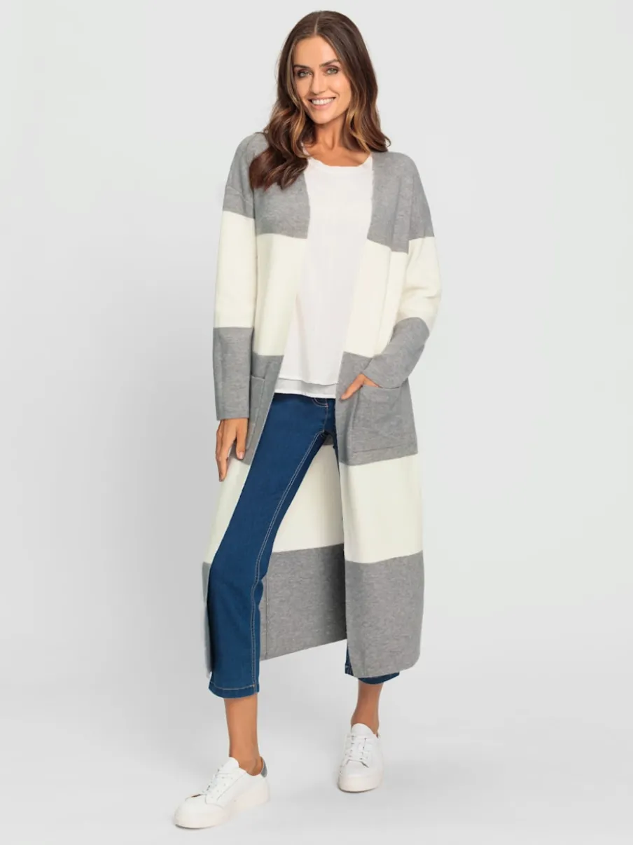 Veste longue en tricot à rayures avec poches plaquées