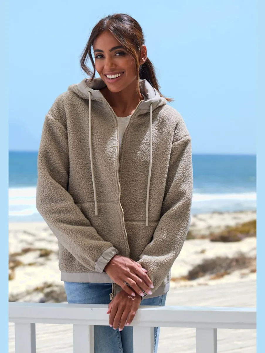 Veste polaire douce capuche avec poche kangourou décorative