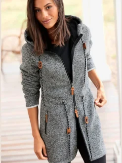 Veste polaire longue avec capuche et poches latérales