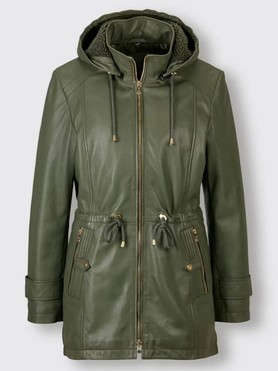 Vestes avec capuche amovible en cuir d'agneau nappa