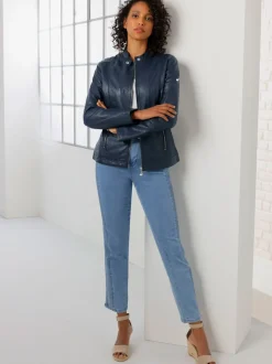Vestes en cuir avec col rond et poches zippées