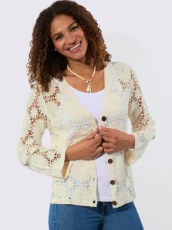 Veste tricot col V manches longues motif crochet floral