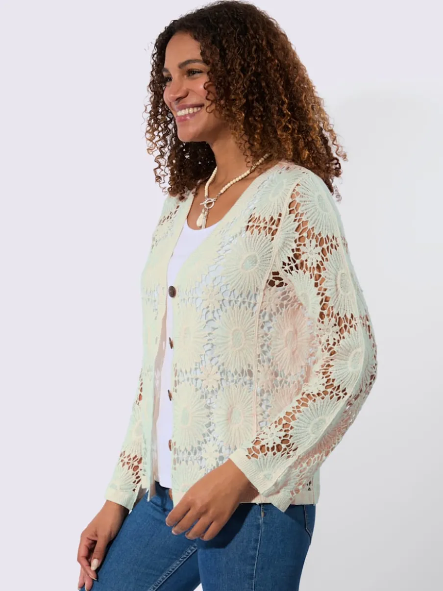 Veste tricot col V manches longues motif crochet floral