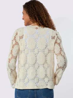 Veste tricot col V manches longues motif crochet floral