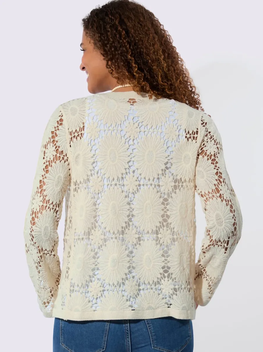 Veste tricot col V manches longues motif crochet floral