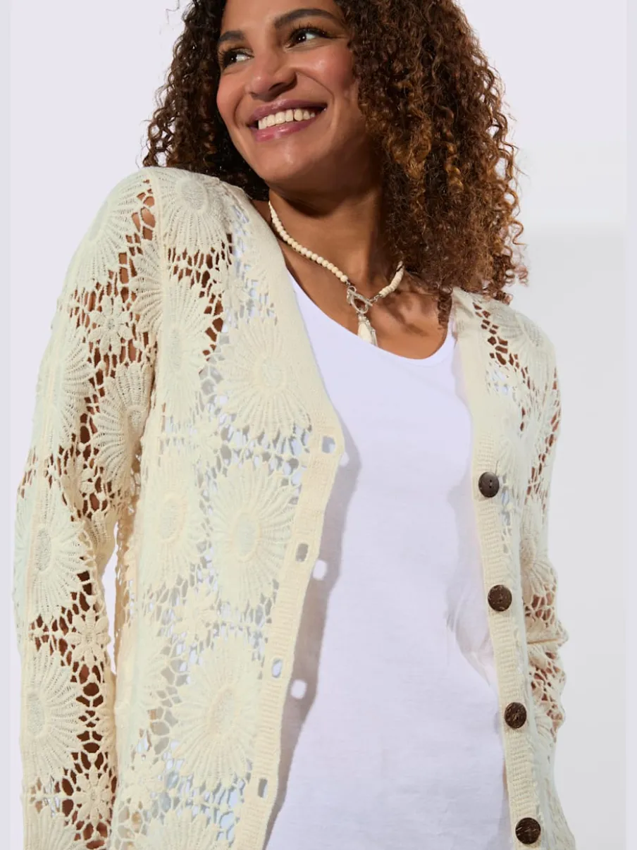 Veste tricot col V manches longues motif crochet floral