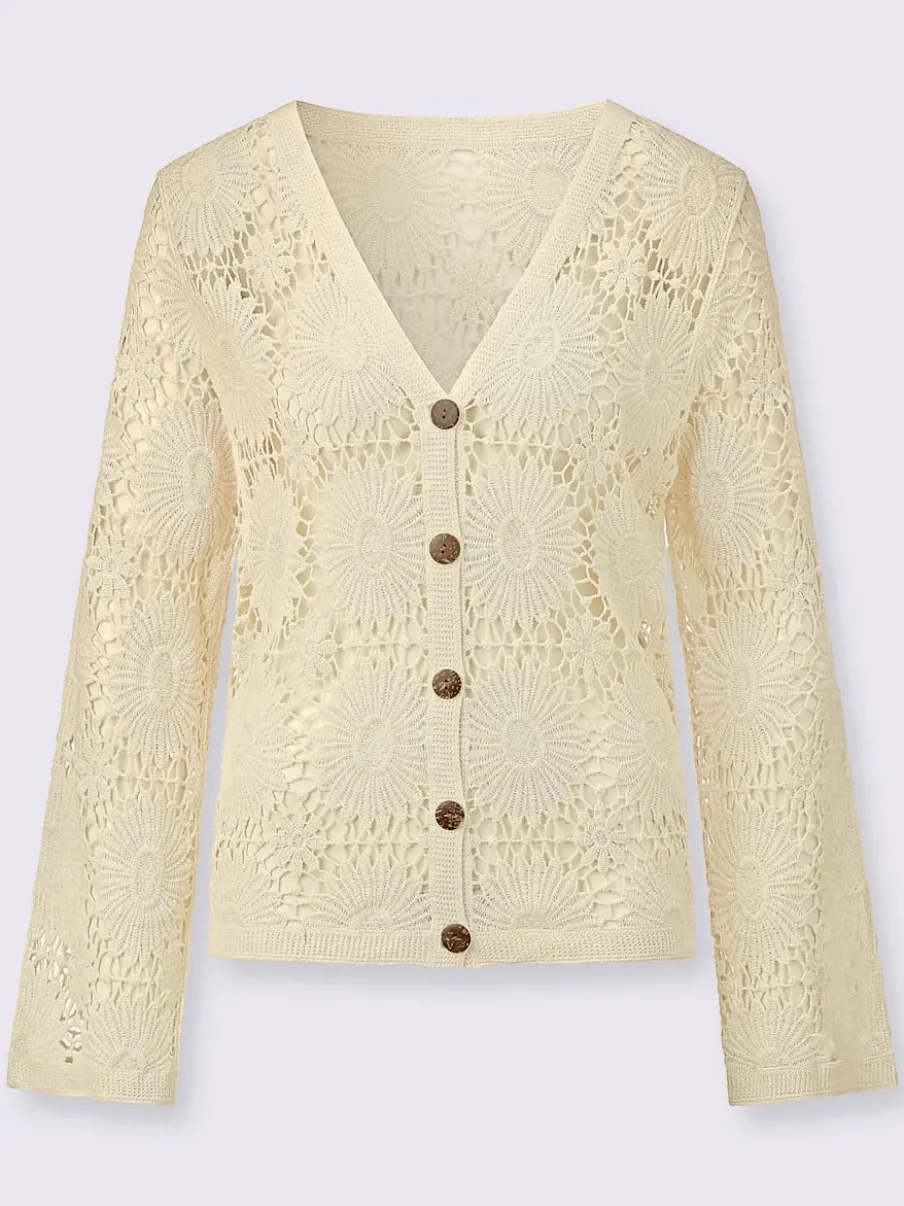 Veste tricot col V manches longues motif crochet floral